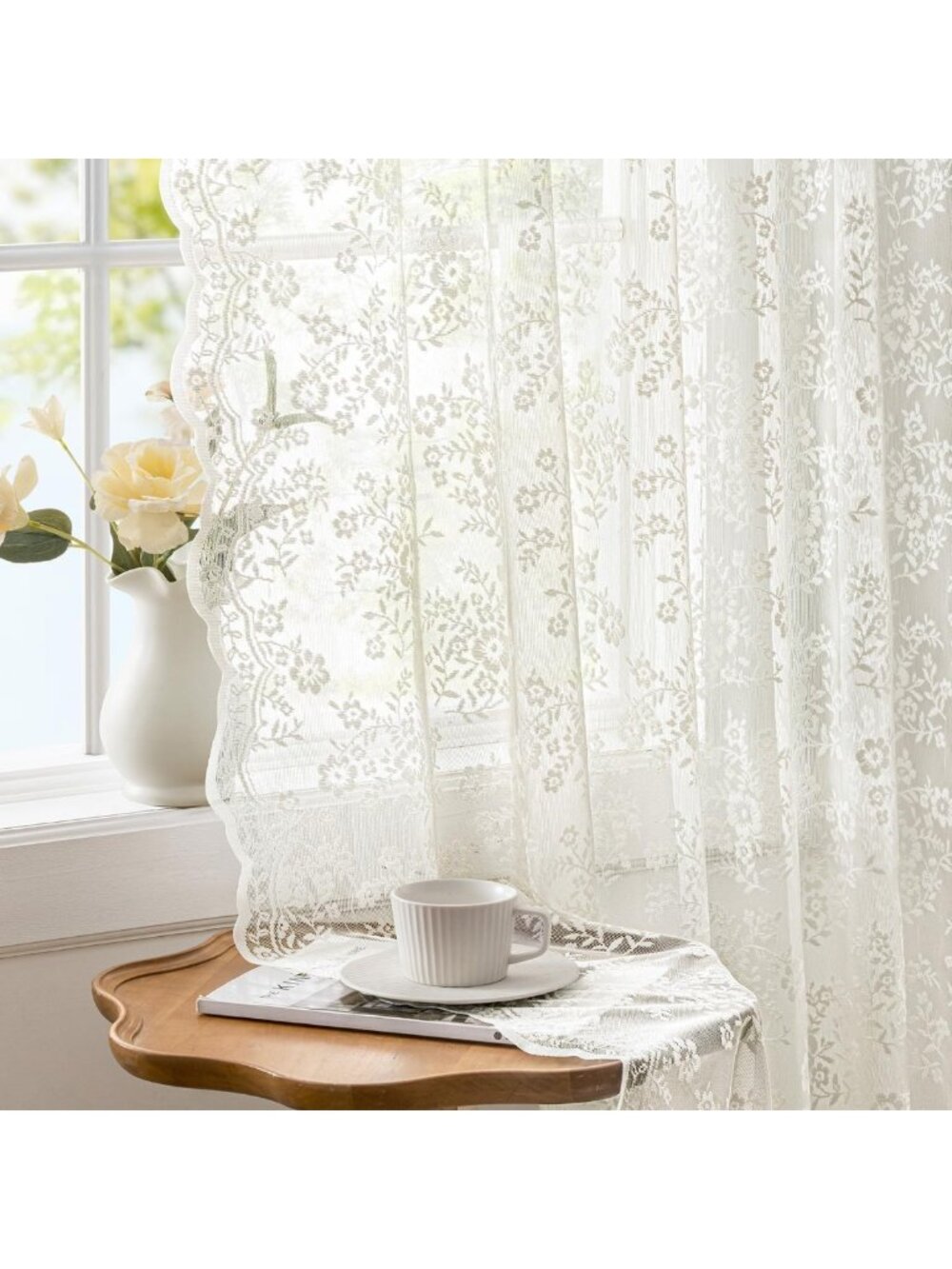 Vintage Lace Curtains - 2 Panels, 63" Length, Elegant Ivory Window Drapes